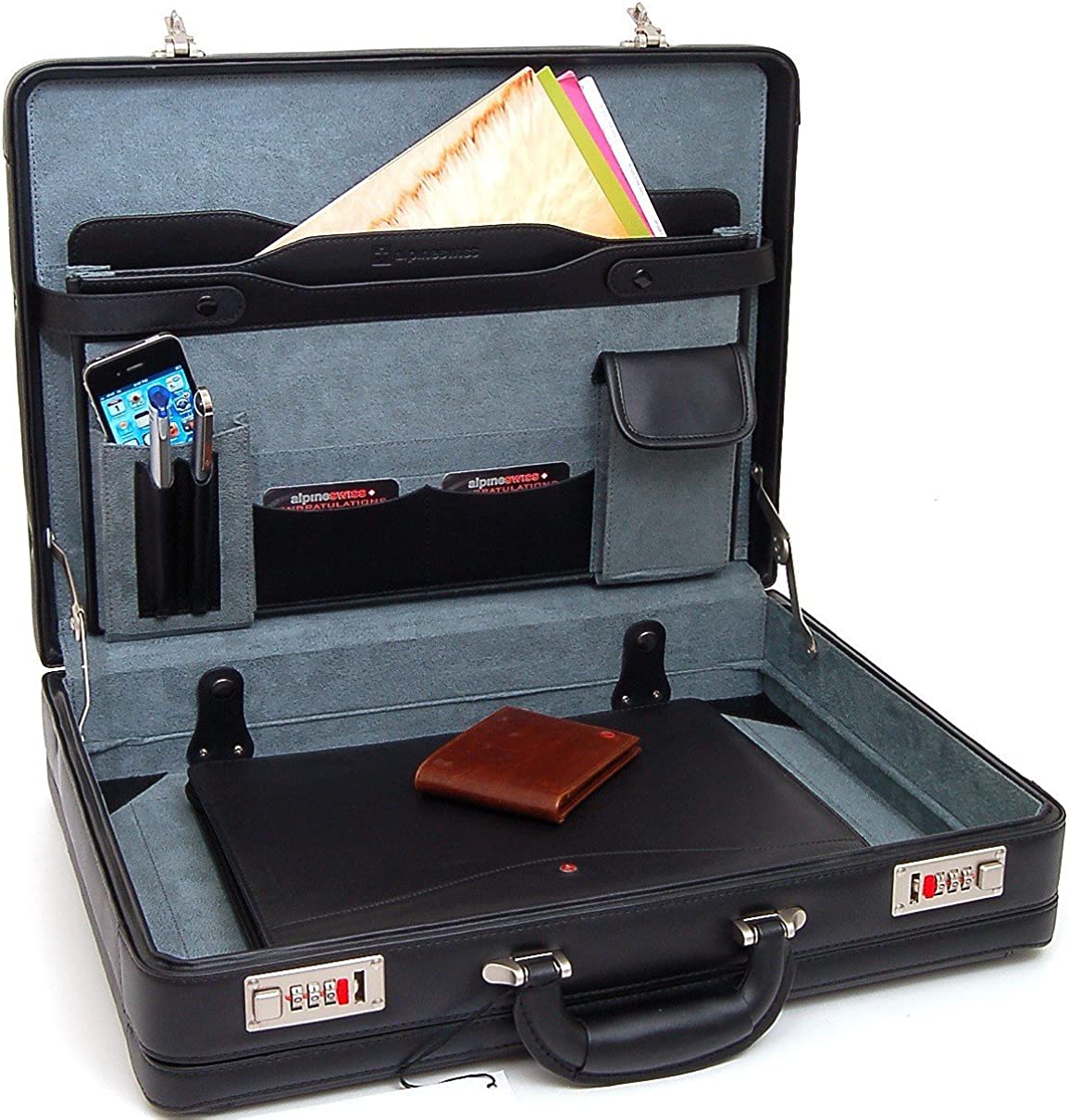 Alpine Swiss Mens Expandable Leather Attache Briefcase Dual Combination Locks - Image 7